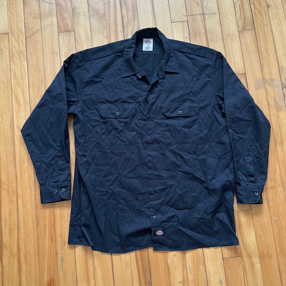 Dickies Mens Black Long Sleeve Button Up Work Shirt Large Solid Twill Black